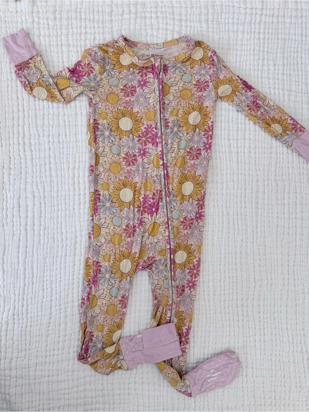 Posh Peanut Sunflower Convertible Zip One-Piece Pajamas - Pink & Yellow